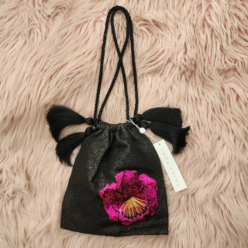 Trina Turk Tassel Pouch evening bag purse shimmer sequin floral beaded